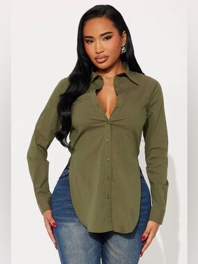 Fashion Nova Olive Green Button-Front Long Sleeve Shirt